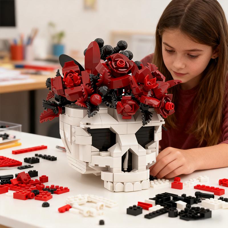 Moc Skull Roses Bouquet Building Set Skeleton Flowers Plant Pot Blocks Gothic Home Decor Assembly Bricks Toys For Adult Gift