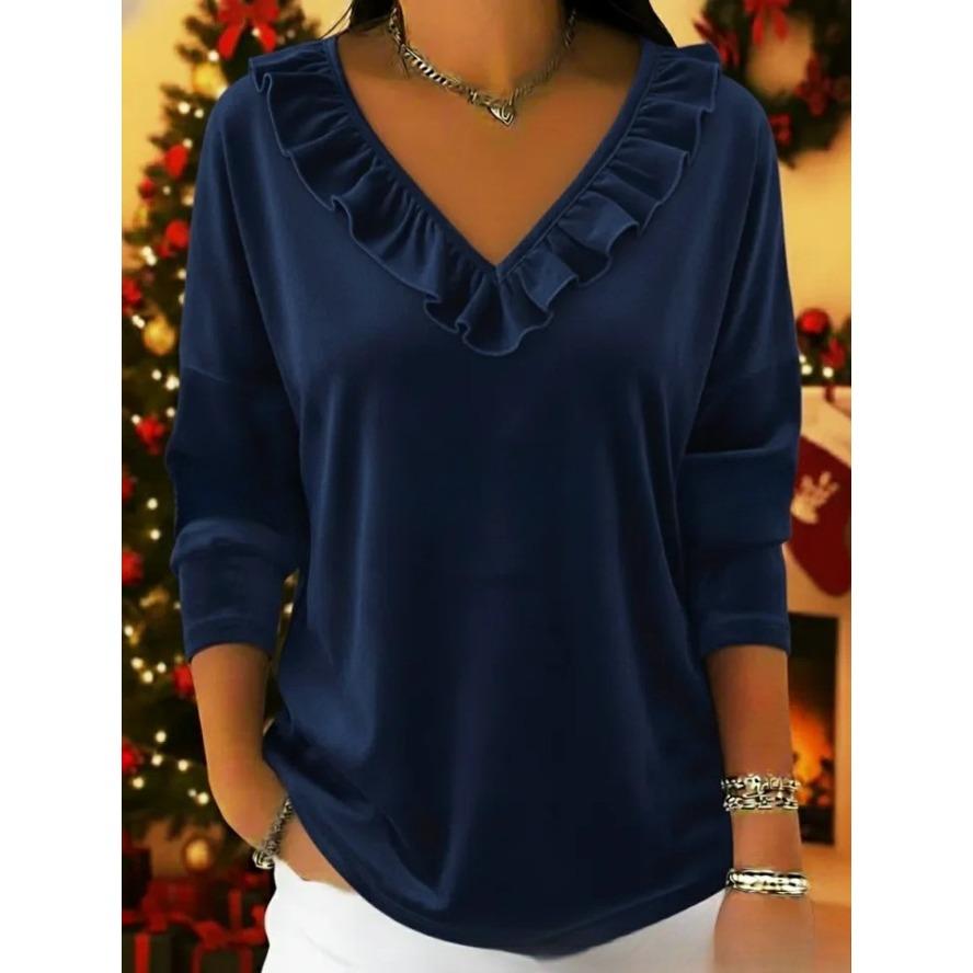 YYFS Camicette e camicie con scollo a V a maniche lunghe con stampa tinta unita primavera autunno moda casual da donna