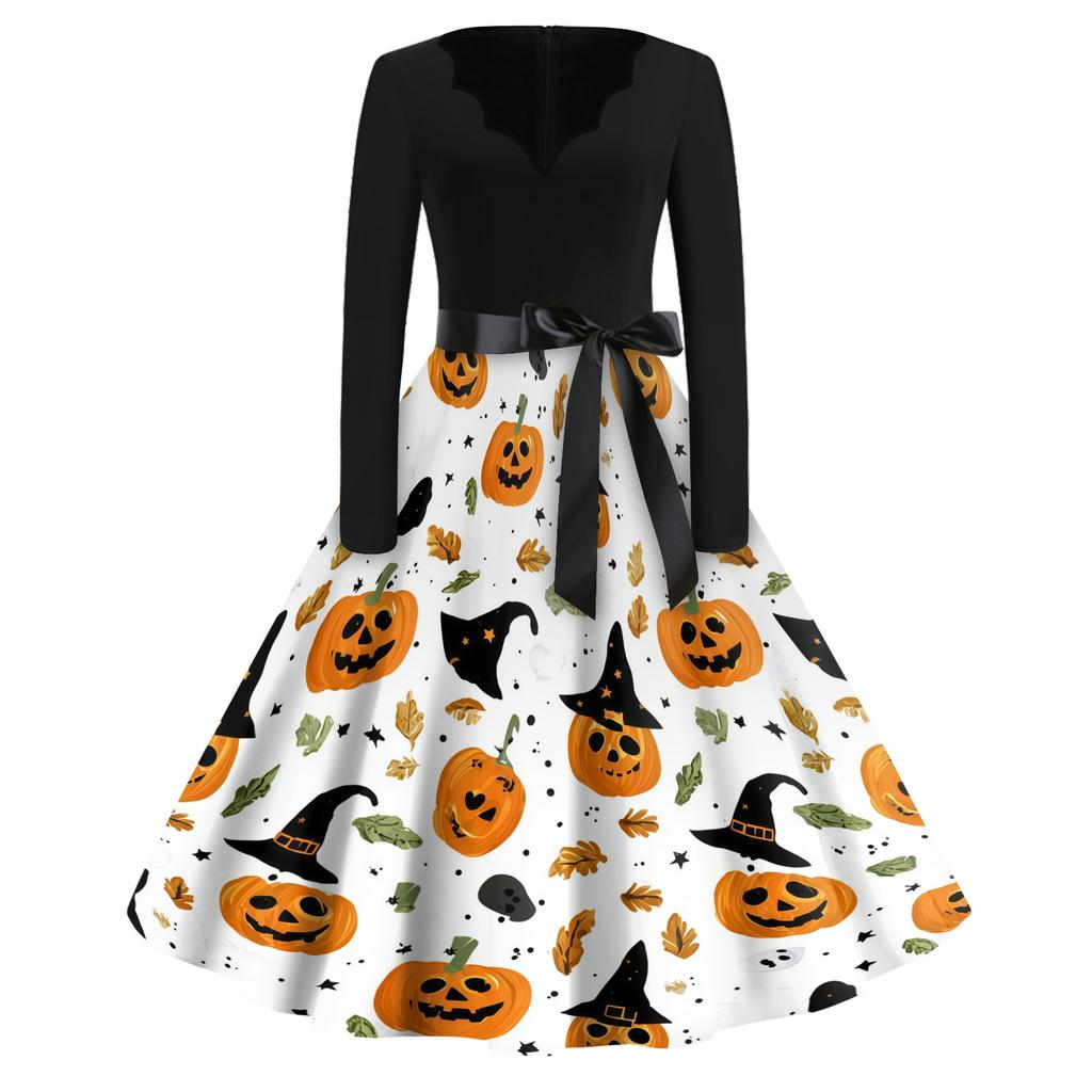 Women Casual Vintage V Neck Dress Halloween Printed Long Sleeve Fit Flare Midi Dress with Waist Tie for Seasonal Wear