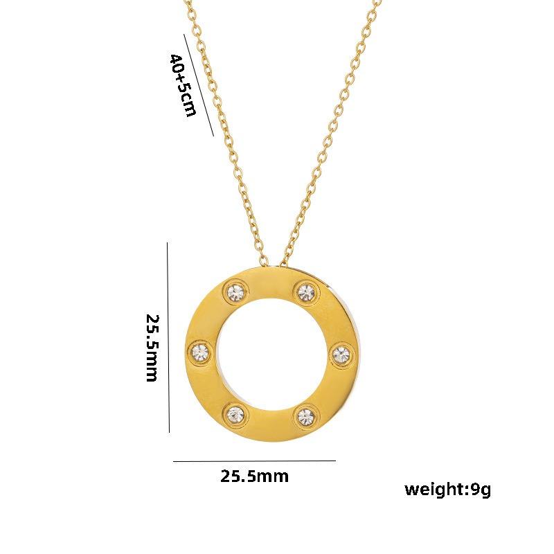 Women Light Luxury Six Diamond Large Round Disc Titanium Steel Clavicle Necklace