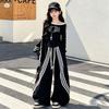 Girls' Autumn Sports Set: 2026 One-Shoulder Printed T-shirt & Striped Wide-Leg Pants