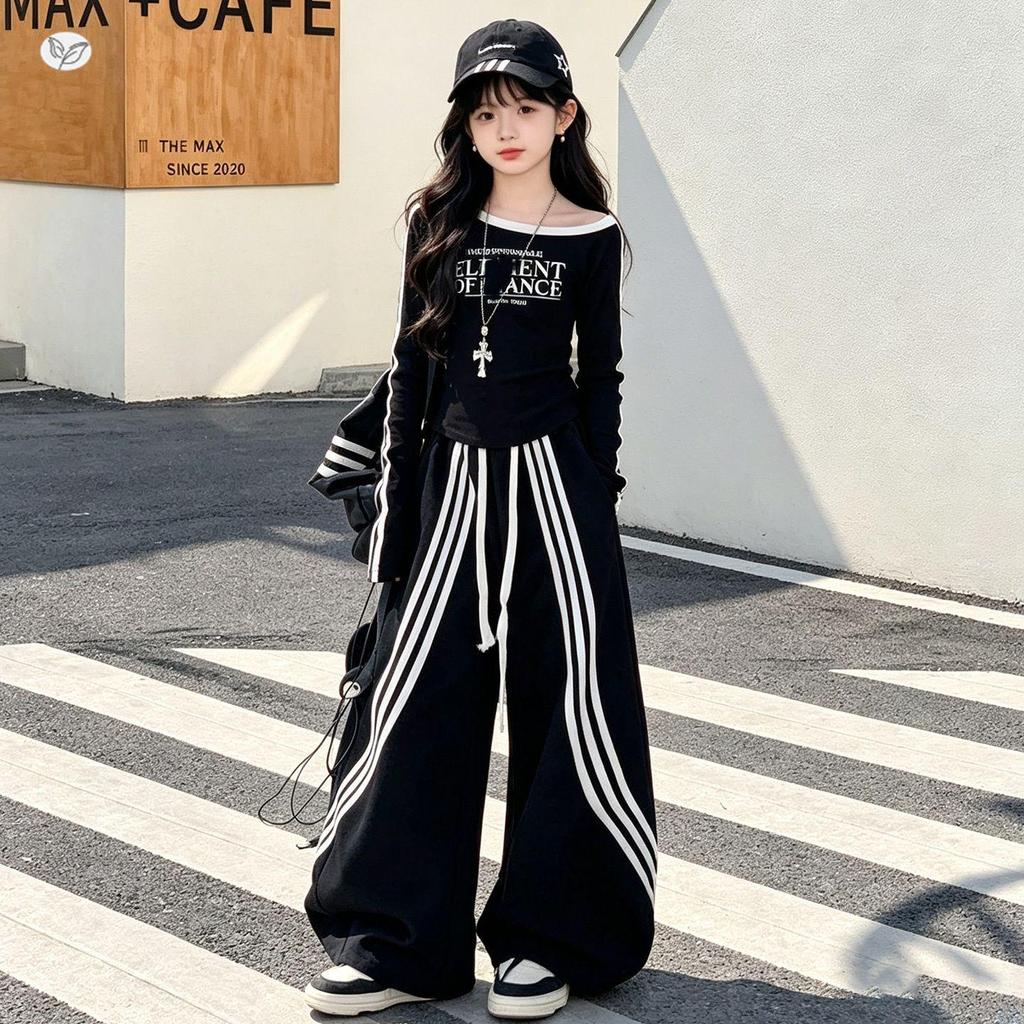 Girls' Autumn Sports Set: 2026 One-Shoulder Printed T-shirt & Striped Wide-Leg Pants