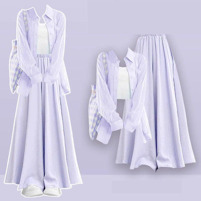 Women Spring Summer Sunscreen Shirt+Strap+Casual Skirt Pants 3-Piece Suit Elegant Loose Tracksuit Matching Set