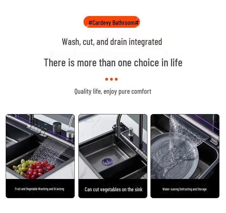 Feiyu Blue Whale 304 Stainless Steel Kitchen Sink with Pull-out Waterfall Faucet, Large Single Bowl for Washing Vegetables