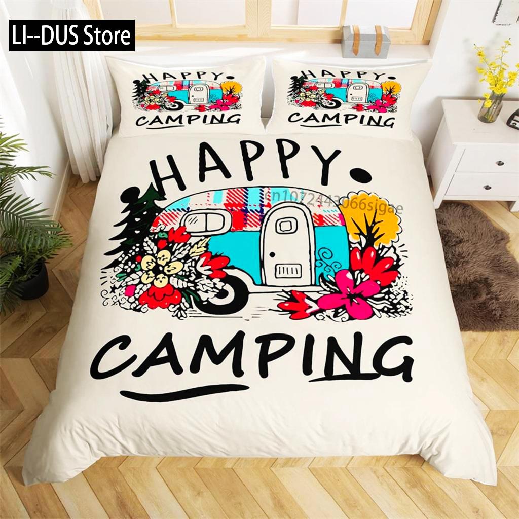Camping Duvet Cover Set Cartoon Camper Comforter Cover Old Barn Door Bedding Set Cowboys Wooden Farmhouse Style For Kids Decor