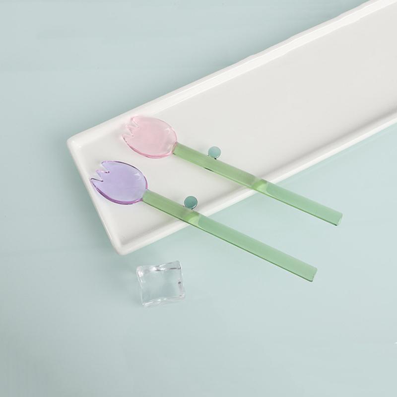 Cucchiaio di Vetro con Manico Lungo Cucchiaio da Dessert in Vetro Trasparente Creativo a Forma di Fiore Colorato Cucchiaio Agitatore per Caffè Bastoncino Bar