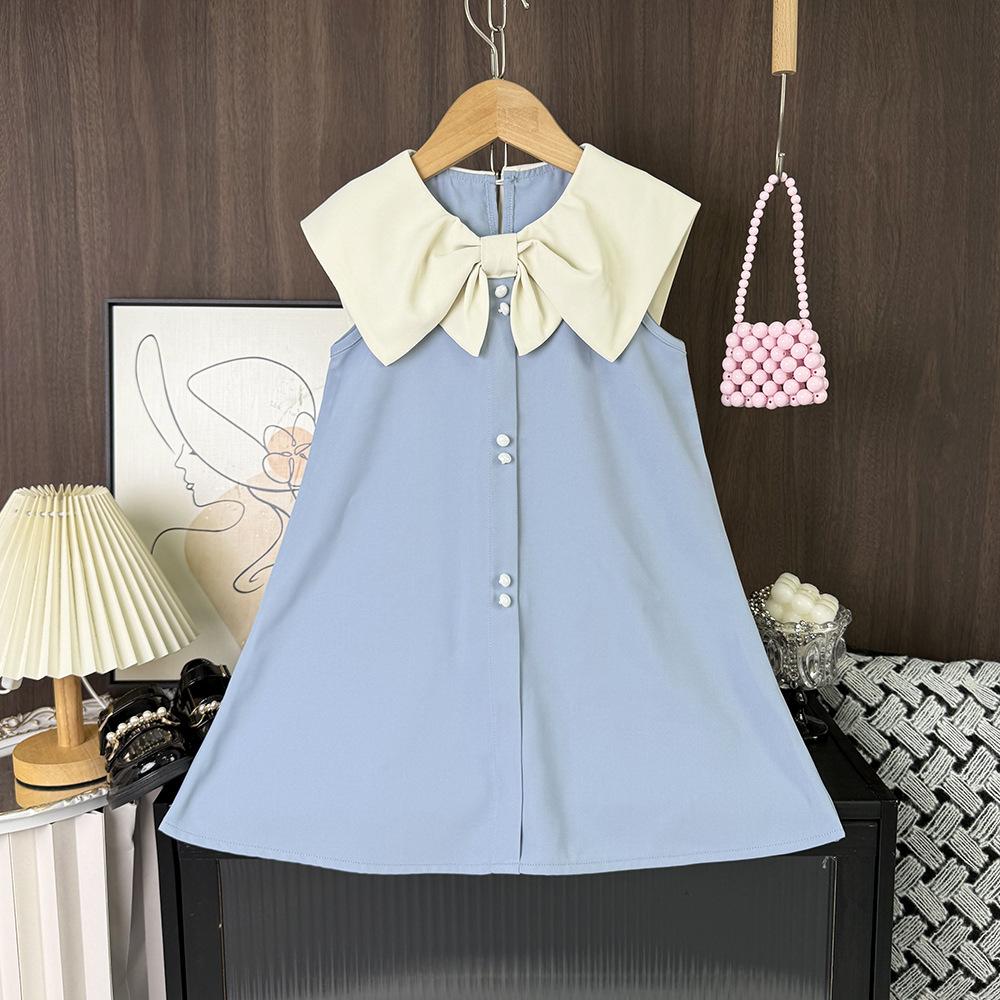 Summer New Style Versatile Princess Dress French Style Vest Dress Girls Bow Lapel Dress