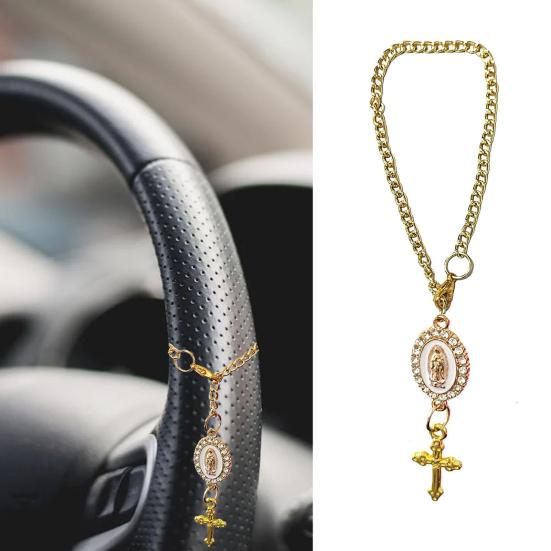 Steering Wheel Rosary Pendant Charm Catholic Rosary Hanging Pendant Virgin Mary Cross Hanging Accessory