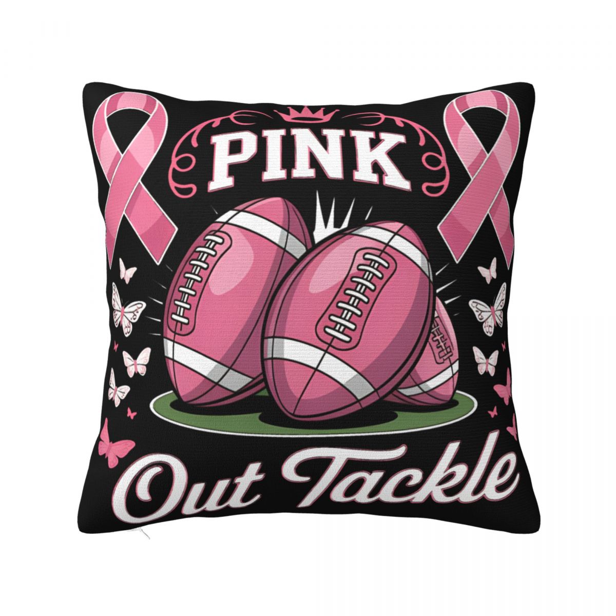 Tackle Breast Cancer Football Pink Ribbon Awareness Square Pillow Case Polyester Decorative Pillow Creative Pillowcase 30x30cm 12x12in