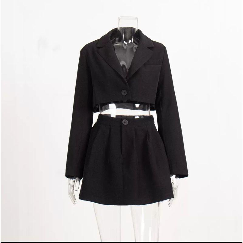 

Модный стиль Новинка Модный костюм с воротником поло Юбка Костюм-двойка Маленький костюм + Комплект короткой юбки Black S