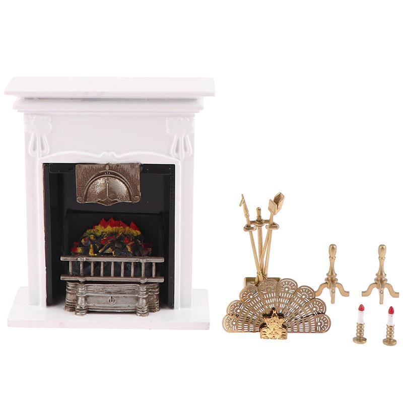 1Impostare1:12 Camino Miniatura per Casa delle Bambole Candelabro con Attrezzo per la Pulizia Copertura Ventola Camino Staffa Scena Arredamento Giocattolo