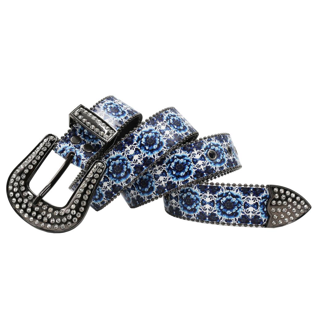 Rhinestone Belt Printed Blue Blue and White Porcelain Flower Women's Belt Fashion Belt Casual Versatile Fashion Belt