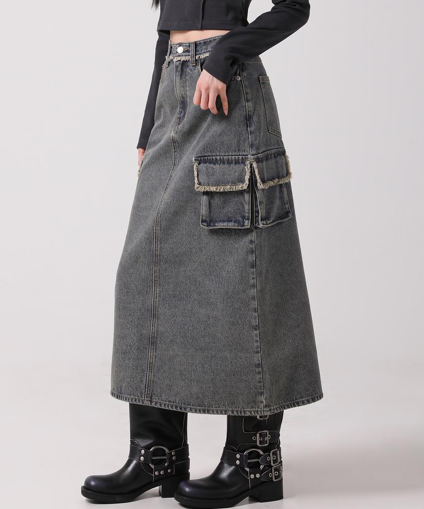 AVANDRESS Harper Tassel Pocket Denim Long Skirt Yellow Blue