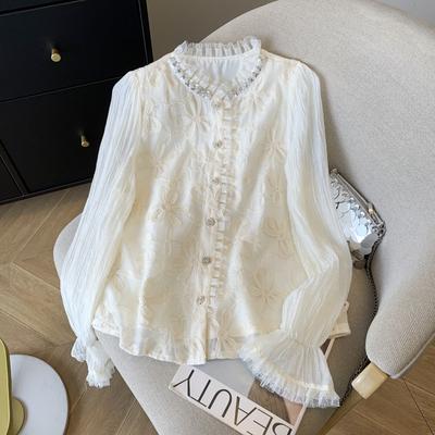 Stilvolles Spitzenhemd mit Perlen und ausgehöhltem Design, Spitzenbesatz für die Frühlingsbluse für Damen