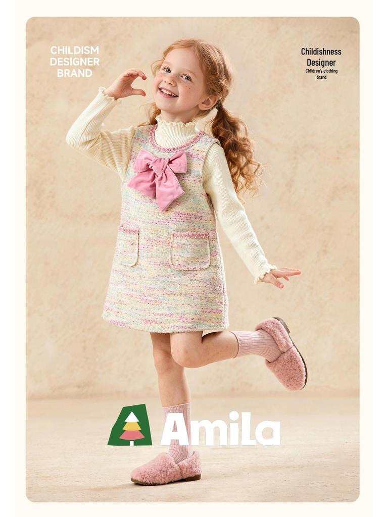 Tongbei 2025 Winter Girls' Sweet Bow Wool Sleeveless Dress