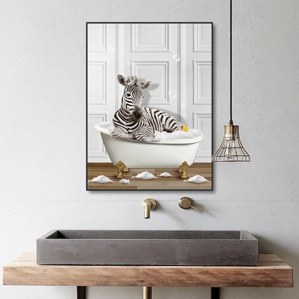 Animais Engraçados Arte de Parede Impressões de Pôster Girafa Banheira Pinguim Elefante Zebra Pintura em Tela Imagem para Quarto de Banho Quarto Decoração de Casa