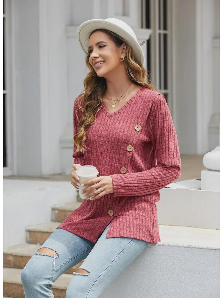2023 Women's Autumn & Winter V-Neck Button Split Loose Long-Sleeve T-Shirt Top