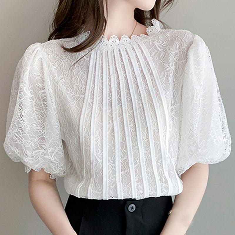 Fashion Summer Short Sleeve White Lace Blouse Shirt Women Tops