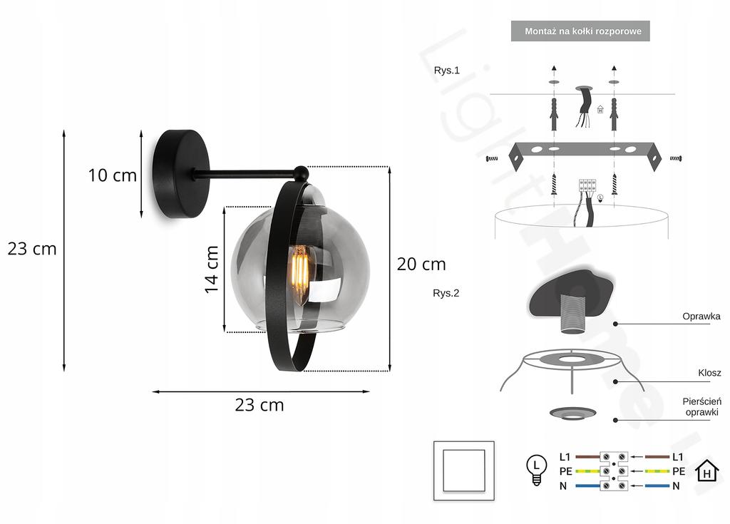 MODERN GLASS WALL LAMP GRAPHITE RING