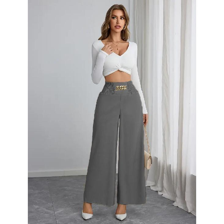 Women's new high waisted slimming style commuting solid color chain spring and autumn wide leg pants