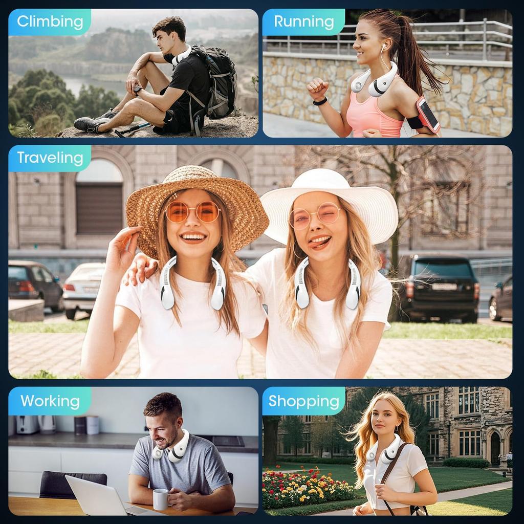 OLV Neck Fan 5000mAh Rechargeable Battery Portable Fan 360° Bladeless Cooling 3 Speeds Powerful Airflow Personal Foldable Neck Fan Gifts for Men