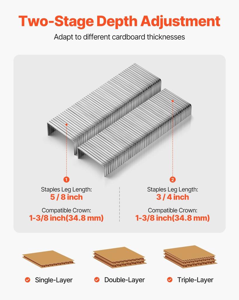 Pneumatic Carton Closing Stapler, 13 Gauge Pneumatic Cardboard Staple Gun for 34.8mm Crown 16mm & 19mm Length, Depth-Adjustable 70-120 PSI Air Staple