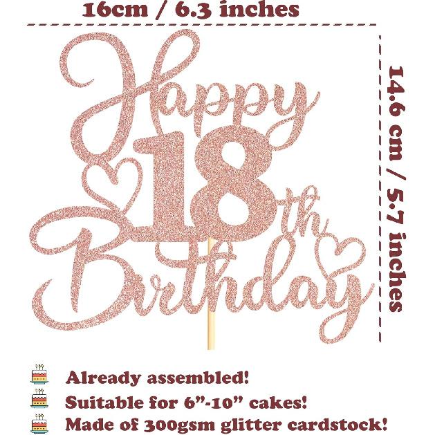 Sotpot 1 Pack 18th Birthday Cake Topper Double-sided Rose Gold Glitter Cake Pick Cake Decoration for Happy 18th Birthday Anniversary Party