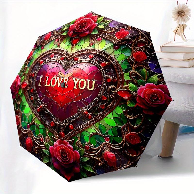 Stained Glass Heart with Roses - 'I Love You' Decorative Panel Umbrella, Christmas Gift Y116