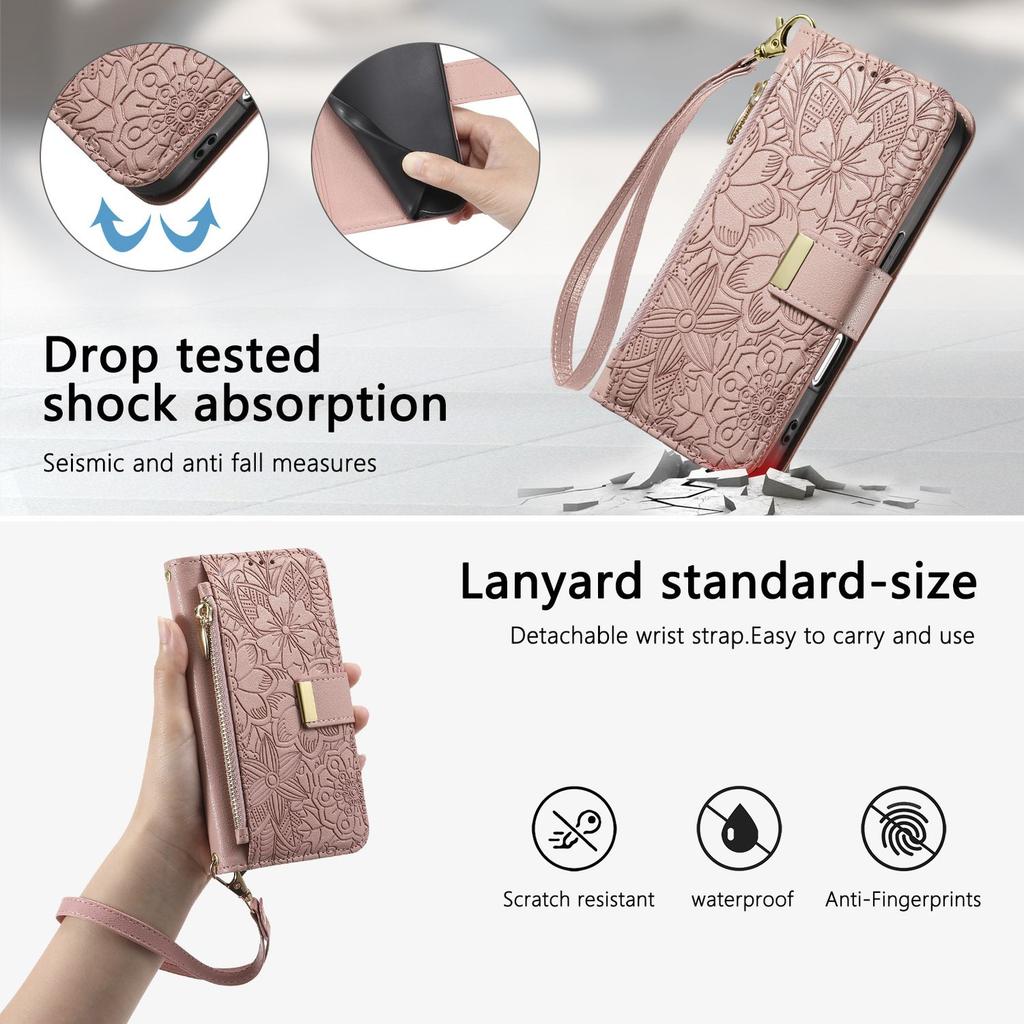 Floral Embossed Leather Wallet Flip Case for OPPO A6 A6X A6T A6S A6C A5 A5X A3 A3X A1 Pro 4G 5G Card Slots and Wrist Strap Cover