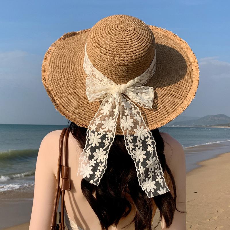 Sweet Breathable Lace Bowknot Straw Hat Adjustable Large Brim Wide Brim Sun Hat Elegant Korean Style Sunshade Cap Girls