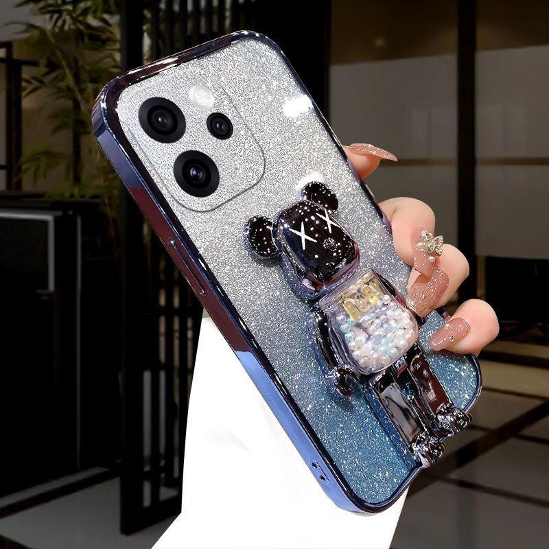 For OPPO Reno 15 Pro 15F Case with Cartoon 3D Bear Stand Luxury Slim Gradient Plating Glitter Girls Stylish For OPPO Reno 15F 15 Pro Back Cover
