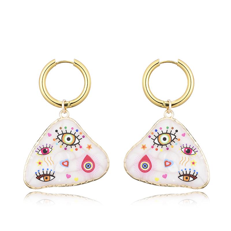 Trendy Colorful Eye Heart Star Moon Pattern Stainless Steel Hoop Earrings Woman Big Vintage Statement Geometric Enamel Jewelry