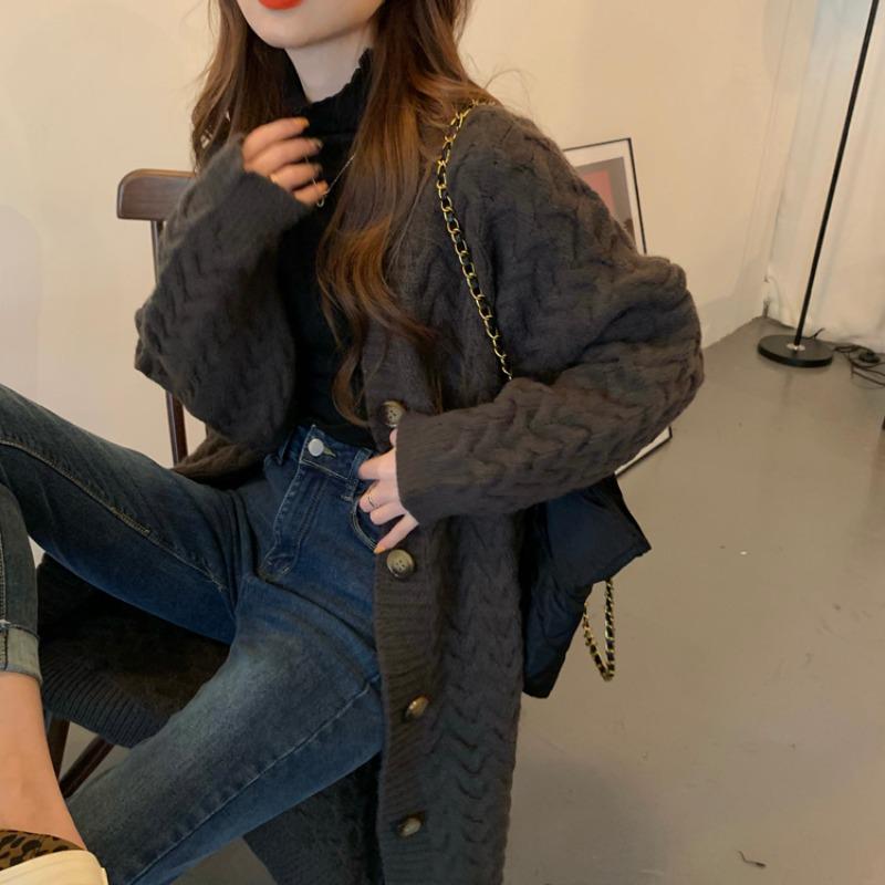 Women's Mid-Length Loose Sweater, Autumn/Winter 2026, Korean Style, Casual Knit Jacket