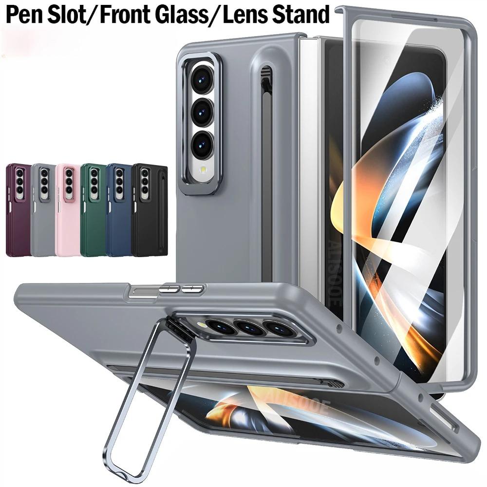 S držákem na stylusové pero Funda pouzdro na telefon pro Samsung Galaxy Z Fold 7 6 5 4 3 Přední sklo Kovový objektiv Stojánek PC Ochranný kryt Capa