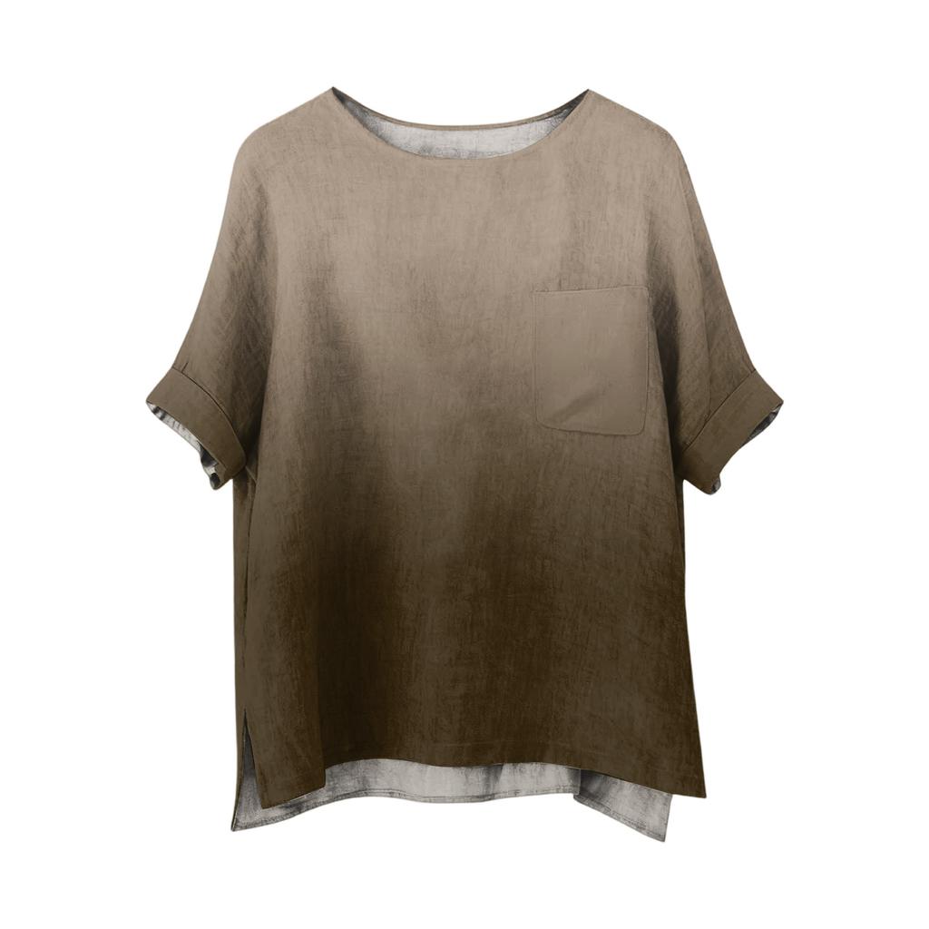 Fashionable Women's T-shirt Short Sleeved Casual Top With Pocket Gradient Print Round Neck Lightweight Shirt