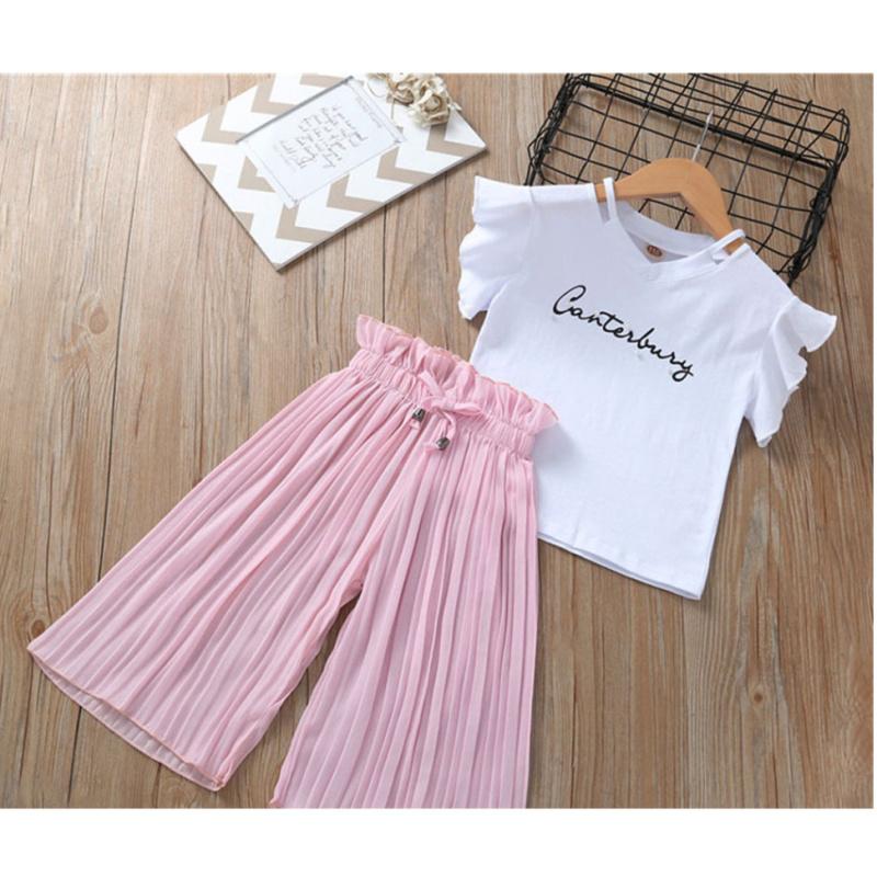 

Summer New Style Small and Medium Girls Letter Flutter Sleeve Top and Wide-Leg Pants Two-Piece Set 160cm рожевий