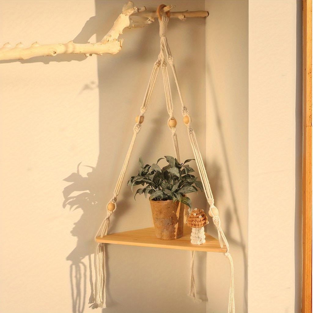 Boho Chic Triangular Wooden Floating Shelf - Wall-Mounted Corner Storage For Plants & Succulents, Perfect For Home, Bedroom, Living Room Decor