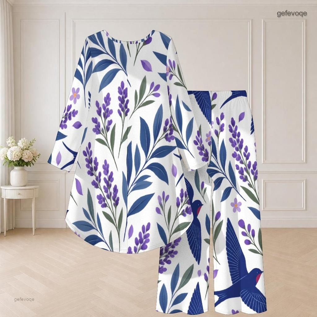 Damen Übergröße Rundhals Langarm Blumenmuster High-Low-Top Weitbeinige Hose Zweiteiliges Set
