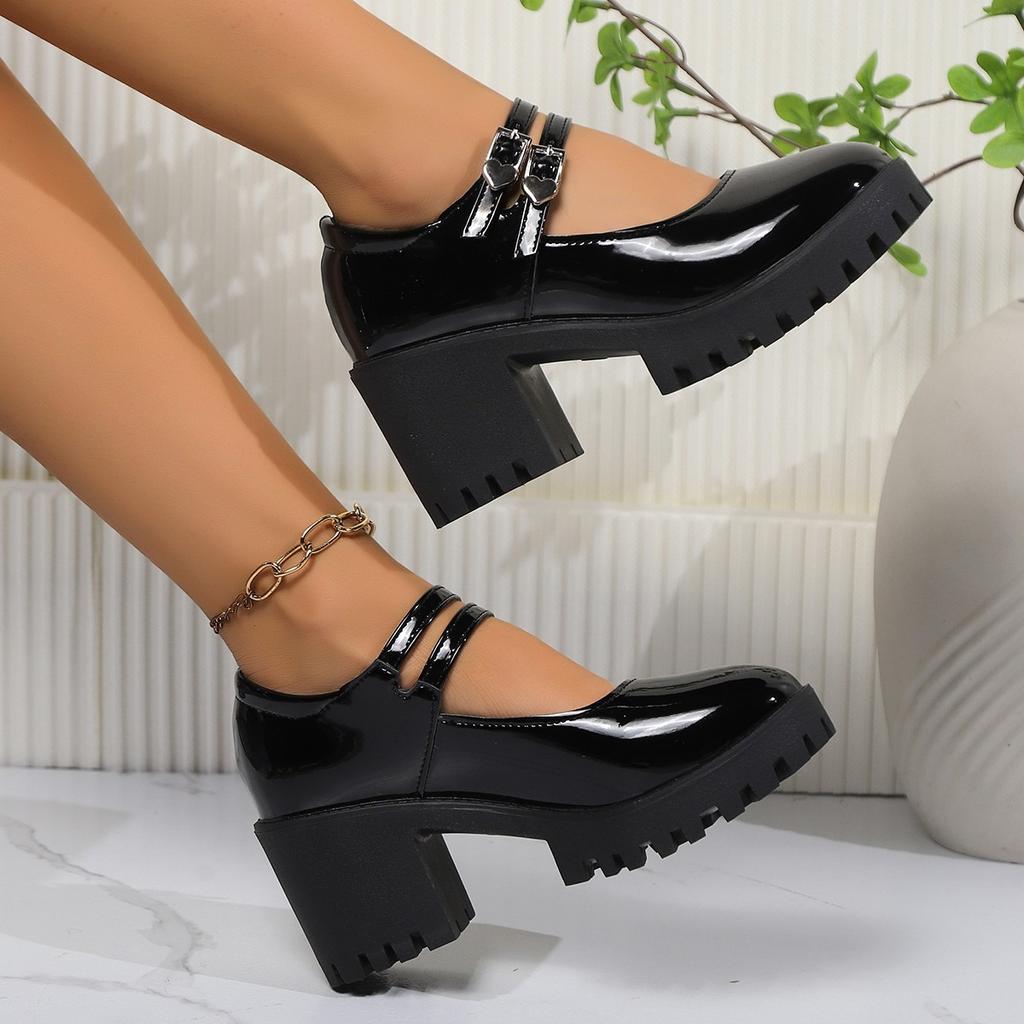 Mary Jane Women's Shoes High Heels Fashion Patent Leather Single Shoes Casual Belt Buckle Pumps Round Head Platform Loafers