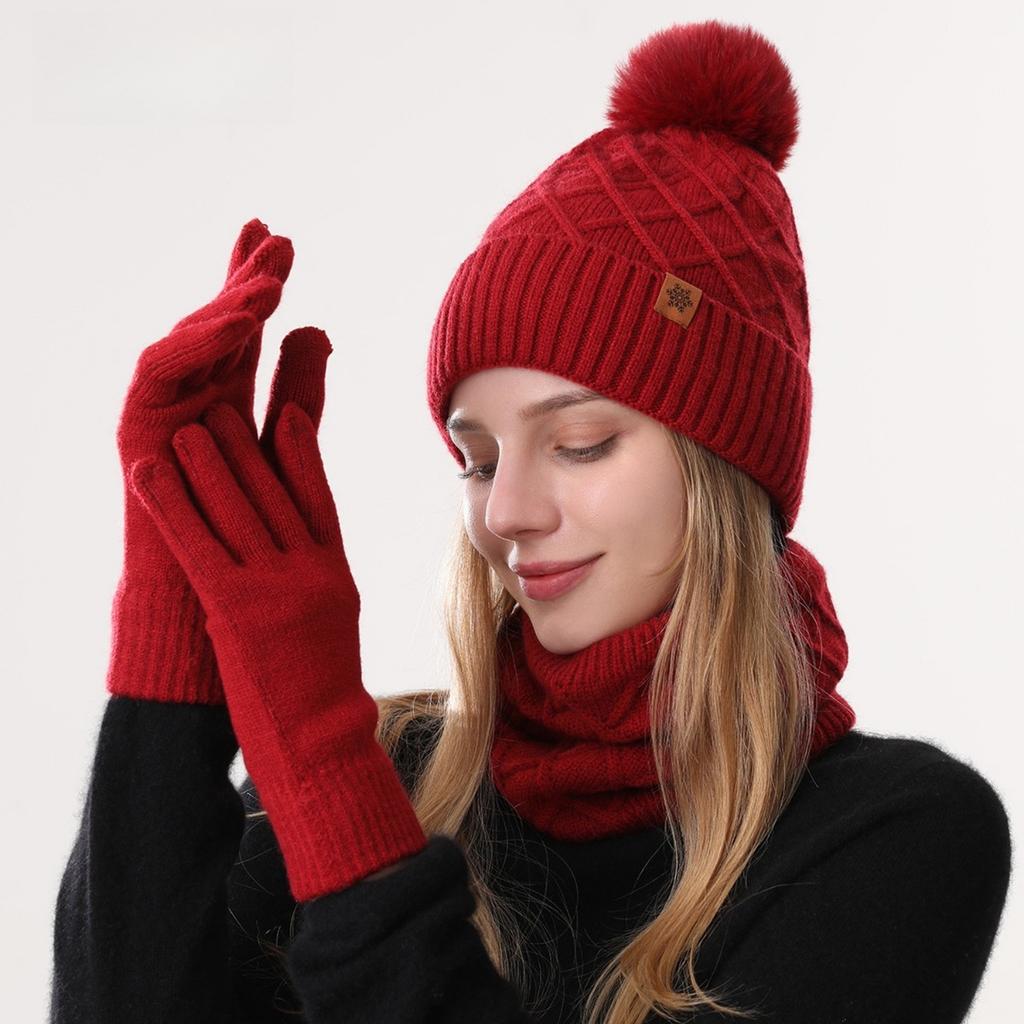 Knitted Hat, Ladies', Cold Hat, Double-layer, Scarf, Outdoor, Warm Hat, Knitted Hat, Gloves, Three Piece Set