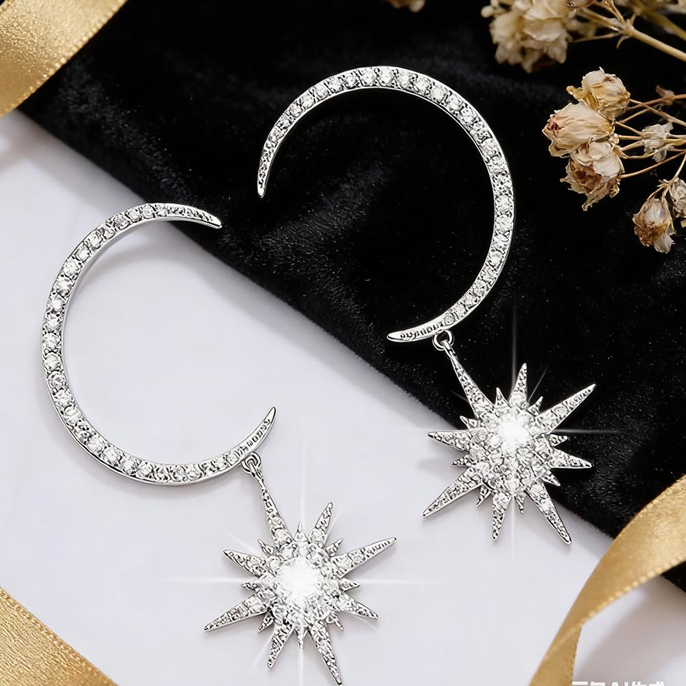 Women's 925 Silver Plated Moon Earrings with Cubic Zirconia and Sparkling Octagonal Star Pendant - Elegant Fashion Jewelry for W