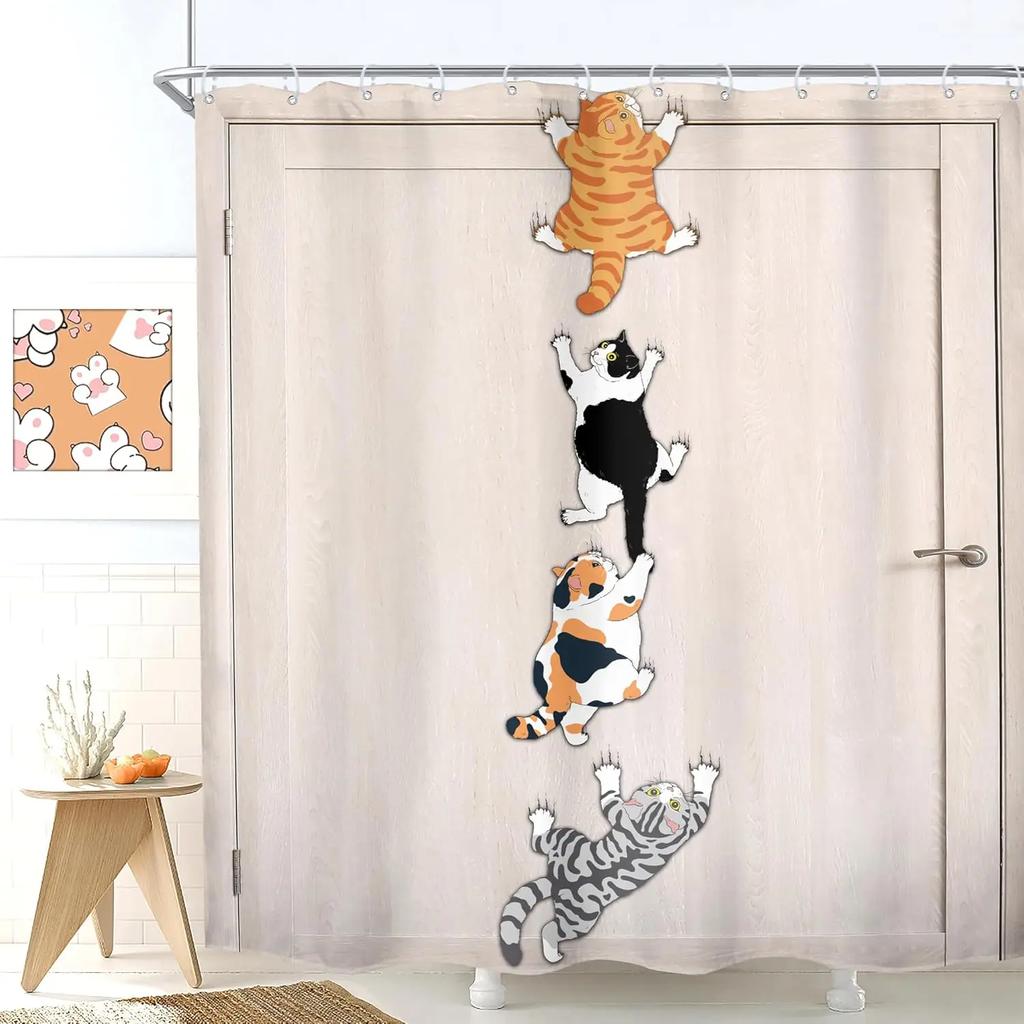 Zasłona Prysznicowa dla Kota Dzieci Śmieszny Słodki Uroczy Kreskówkowy Kociak Zwierzę Domowe Wspinające się na Drzwi Urzekający Nowoczesny 12 Haczyków Poliester