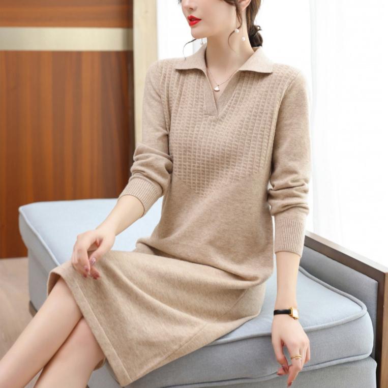 Women's Knitted Dress Red Mid-length Sweater Dress Autumn and Winter Pure Color Casual Knitted Shirt