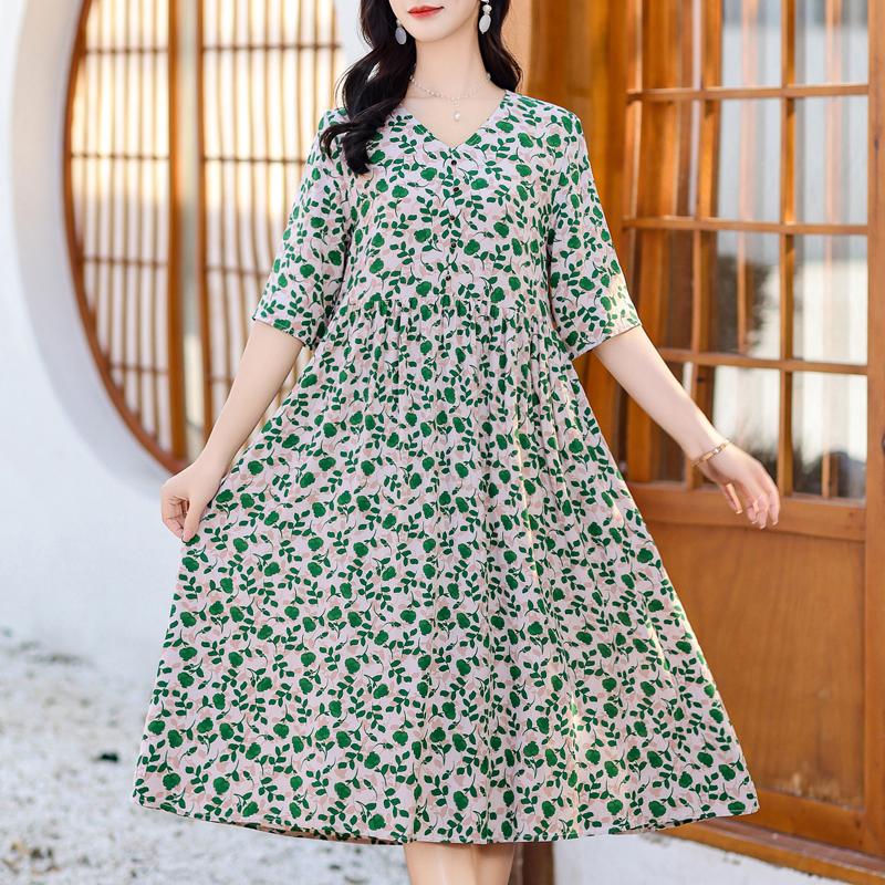 Elegant Women's Summer Dress Plus Size Half Sleeve Vintage Print Long Dresses Female Summer Clothes