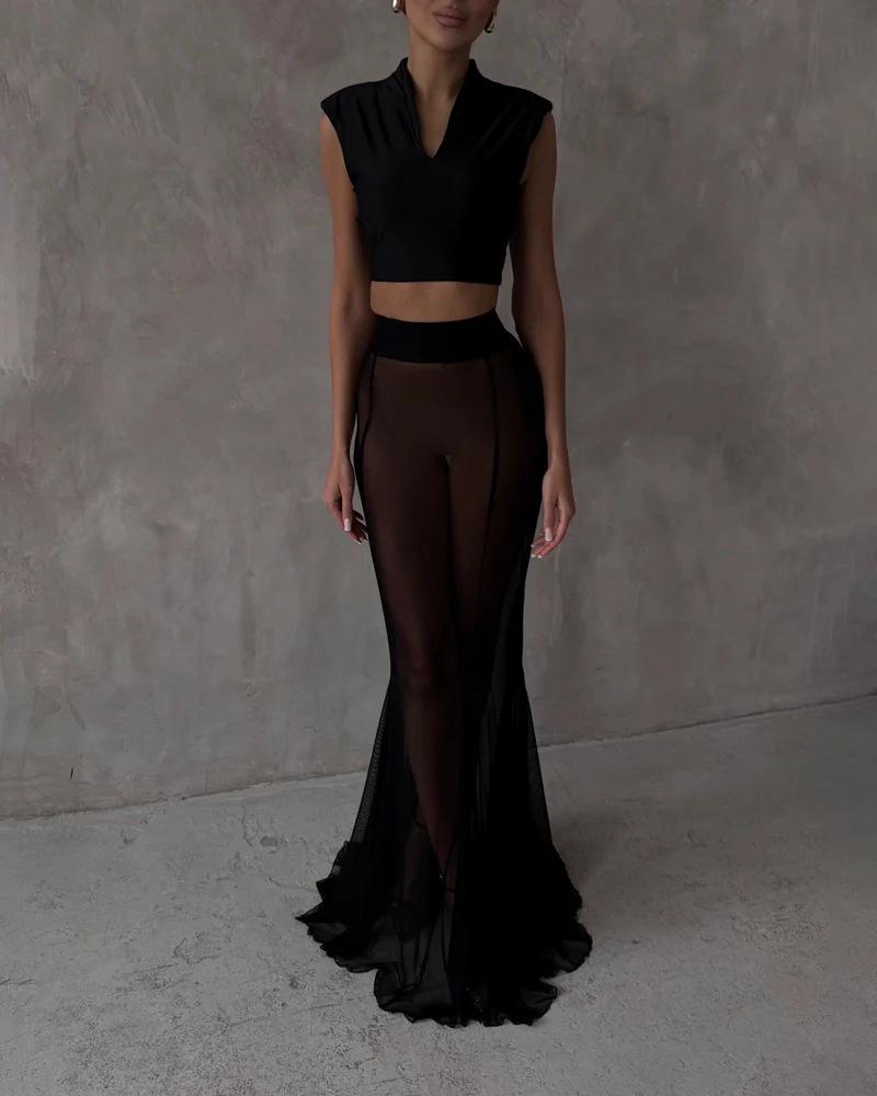 2025 Damenmode einfarbiger Netzrock und Anzug mit langem Ärmel und Revers