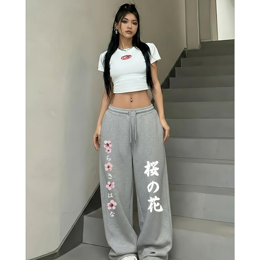 Pantaloni Sportivi Casual Stampati con Elemento Fiore di Ciliegio Giapponese Tendenza Casual Americana Pantaloni a Gamba Dritta da Donna