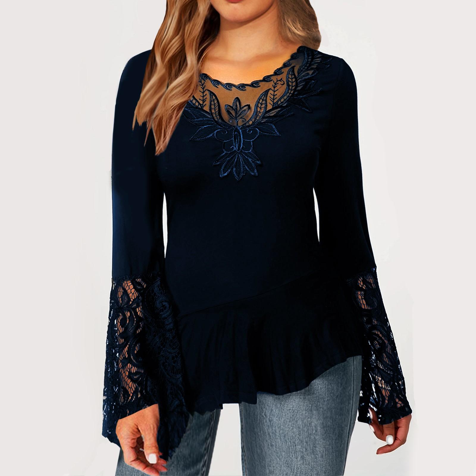 

Модные женские повседневные свободные кружевные футболки с длинными рукавами, летние топы, топы с принтом L тёмно-синий