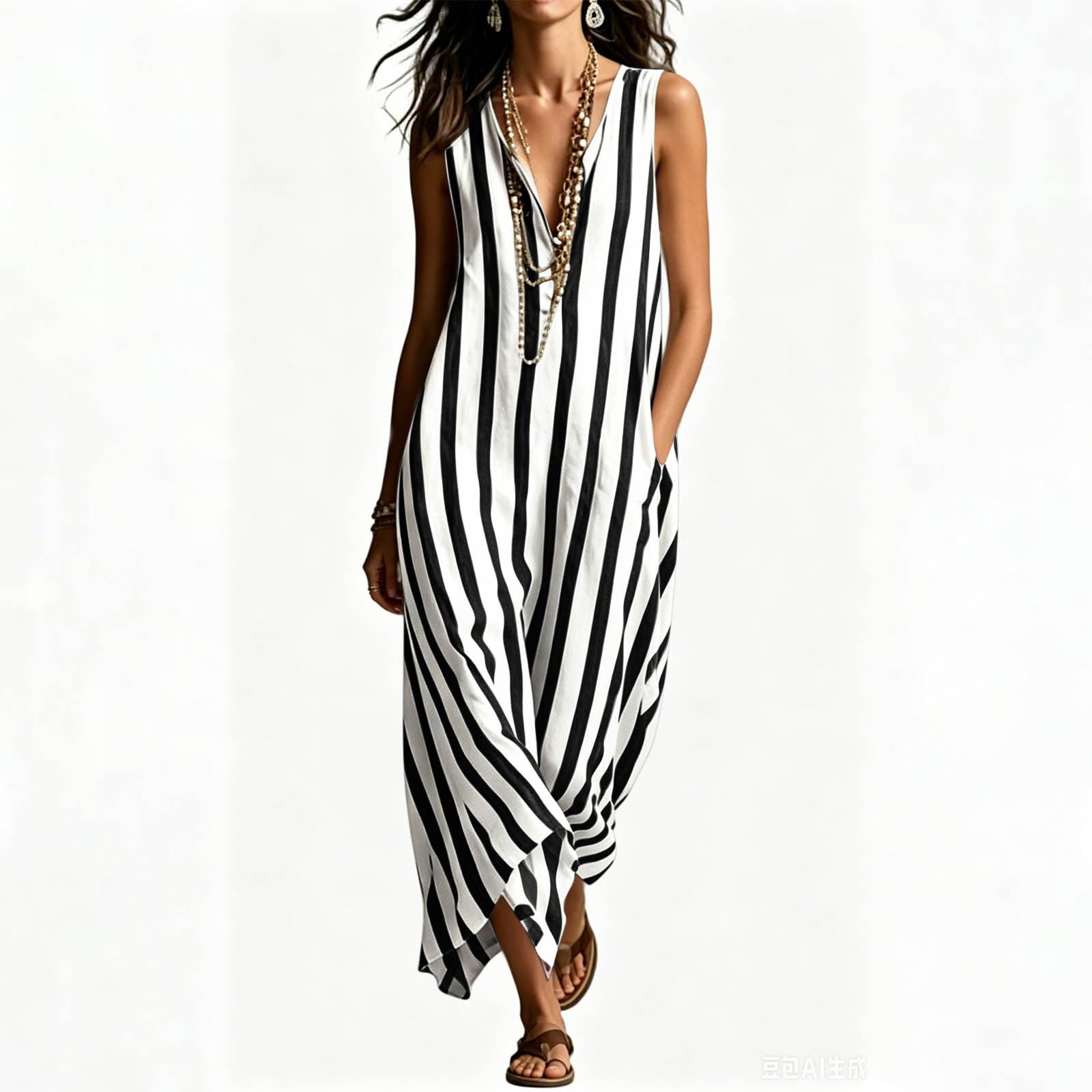 Women s Sleeveless V Neck Loose Fit Striped Midi Dress Casual Summer Beachwear Lightweight Comfortable L чёрный