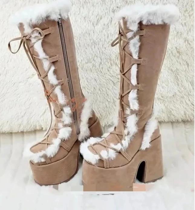 Nowe zimowe damskie buty śnieżne na platformie, klinowe, na wysokim obcasie, sztuczne futro, damskie buty, pluszowe, ciepłe, antypoślizgowe, do połowy łydki, buty gotyckie