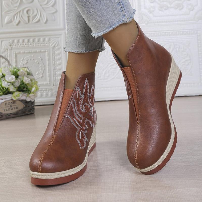 Embroidered Back Zip Wedge Single Shoes Autumn New Round Toe Platform Anti-Slip Wear-Resistant Short Shoes